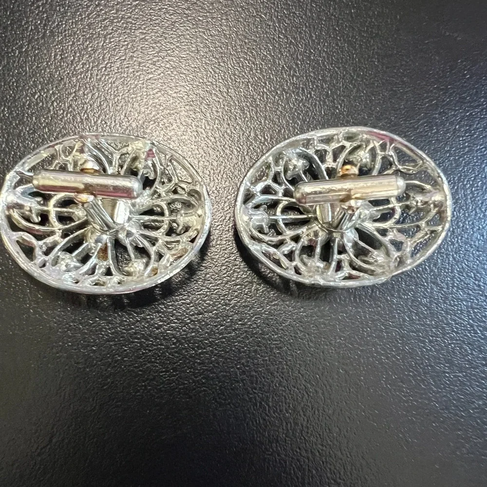 Vintage Silver Filigree Cufflinks Purple and Amber Rhinestones Oval Statement